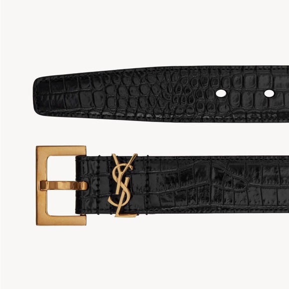 YSL Saint Laurent Cassandre shiny crocodile-embossed leather belt - Picture 2 of 9